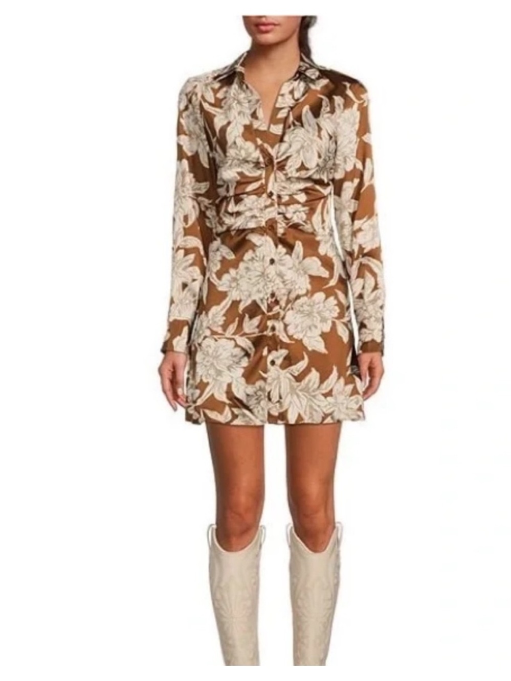 En Saison Antropologie Angelia Women Floral Mini Shirt Dress Satin Brown S